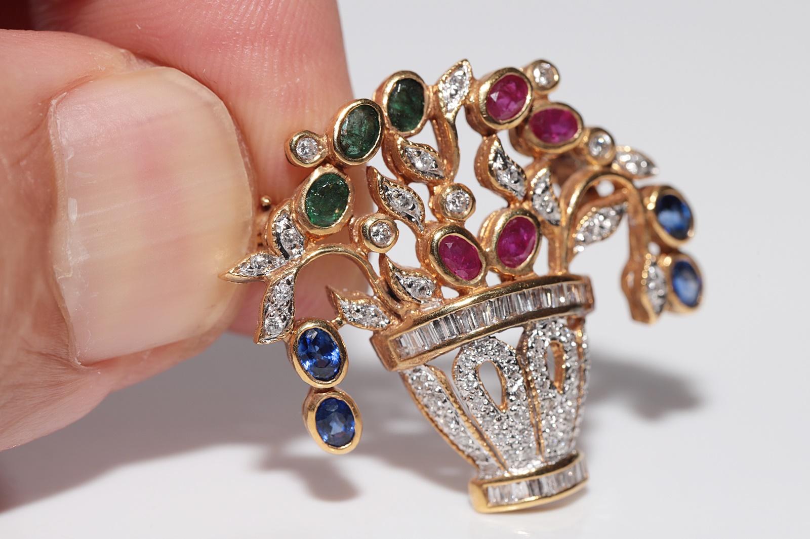 Retro Vintage Circa 1980s 18k Gold Natural Diamond Emerald Sapphire Ruby Brooch For Sale