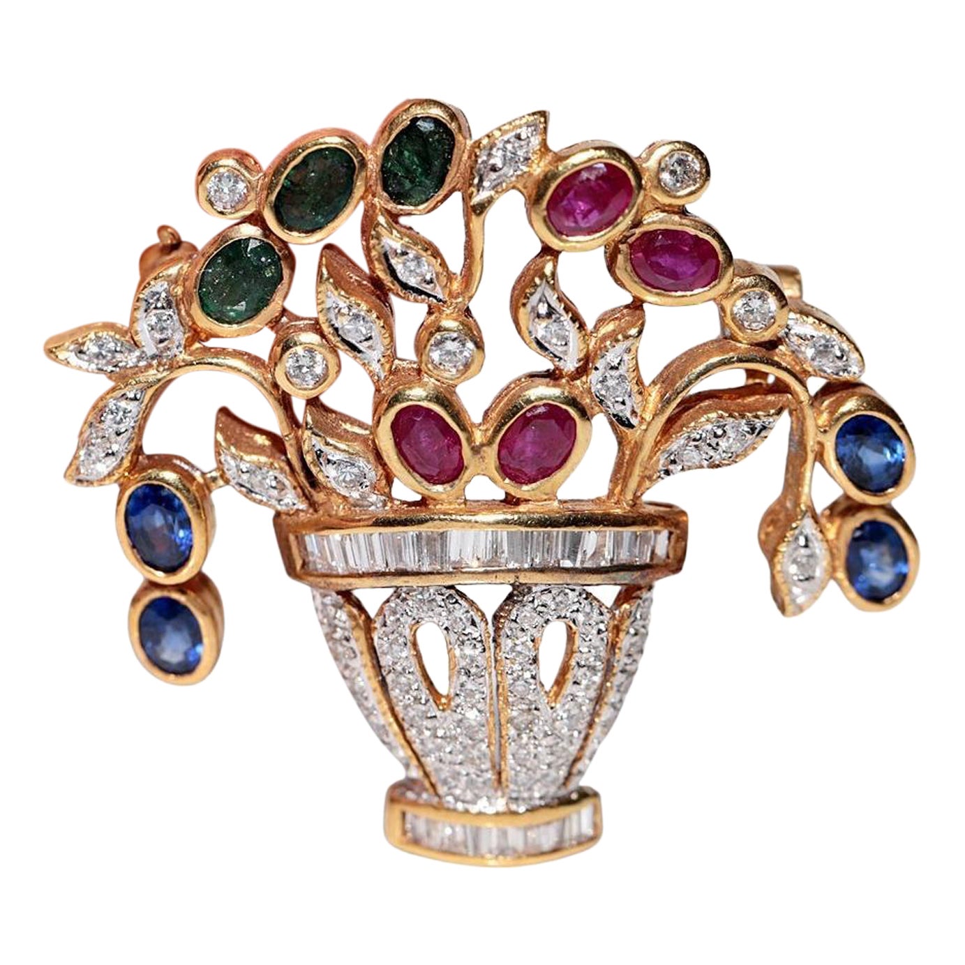 Brosche Vintage Circa 1980er Jahre 18k Gold natürlicher Diamant Smaragd Saphir Rubin