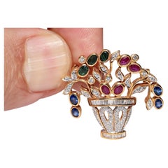 Vintage Circa 1980s 18k Gold Natural Diamond Emerald Sapphire Ruby Brooch