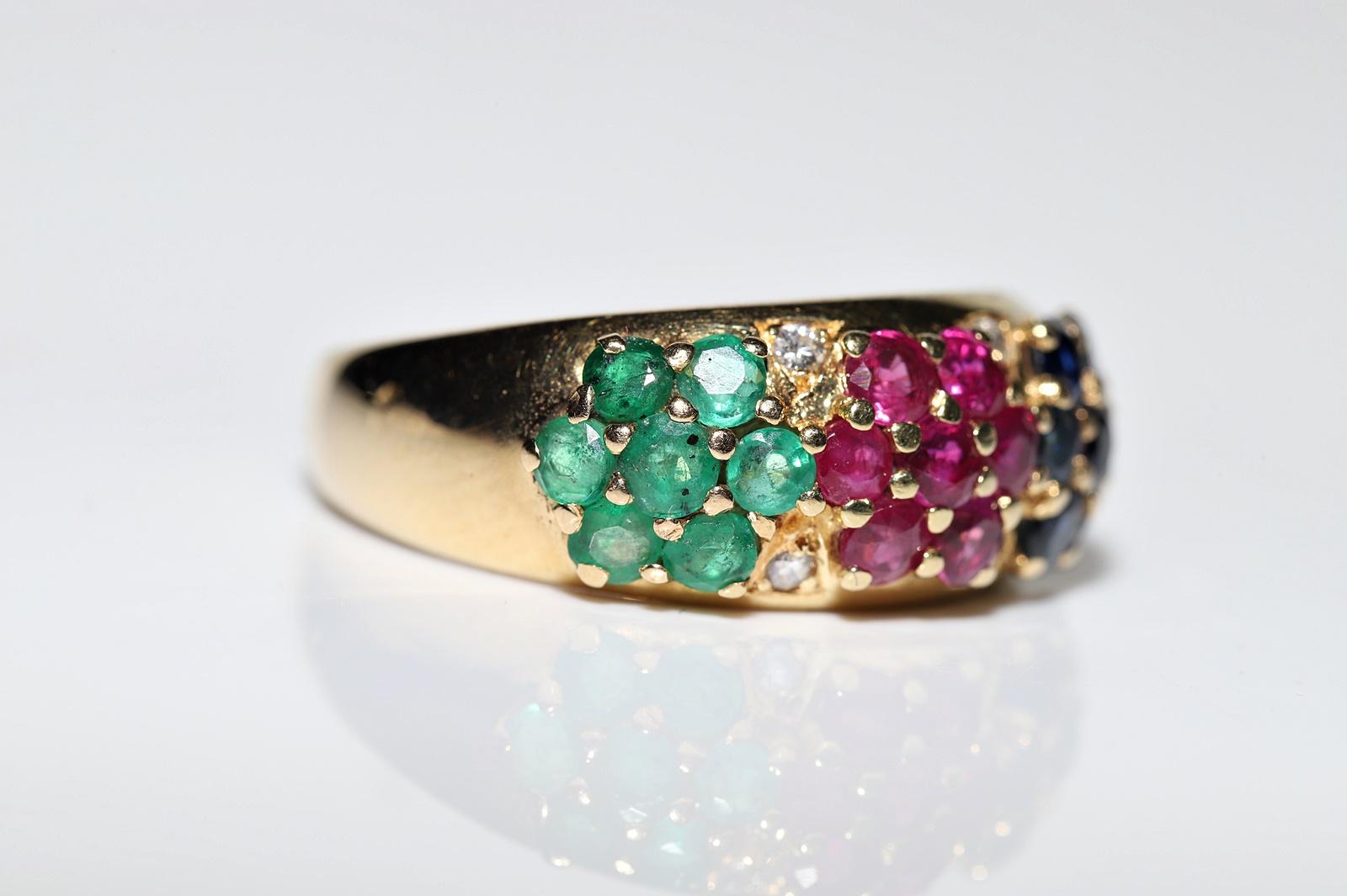 Vintage Circa 1980s 18k Gold Natural Diamond Emerald Sapphire Ruby Ring For Sale 1