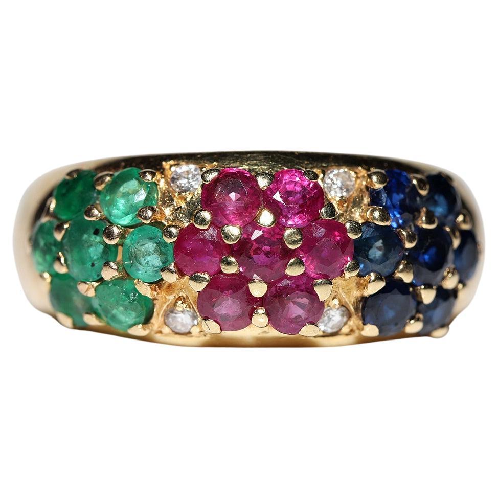 Vintage Circa 1980s 18k Gold Natural Diamond Emerald Sapphire Ruby Ring For Sale
