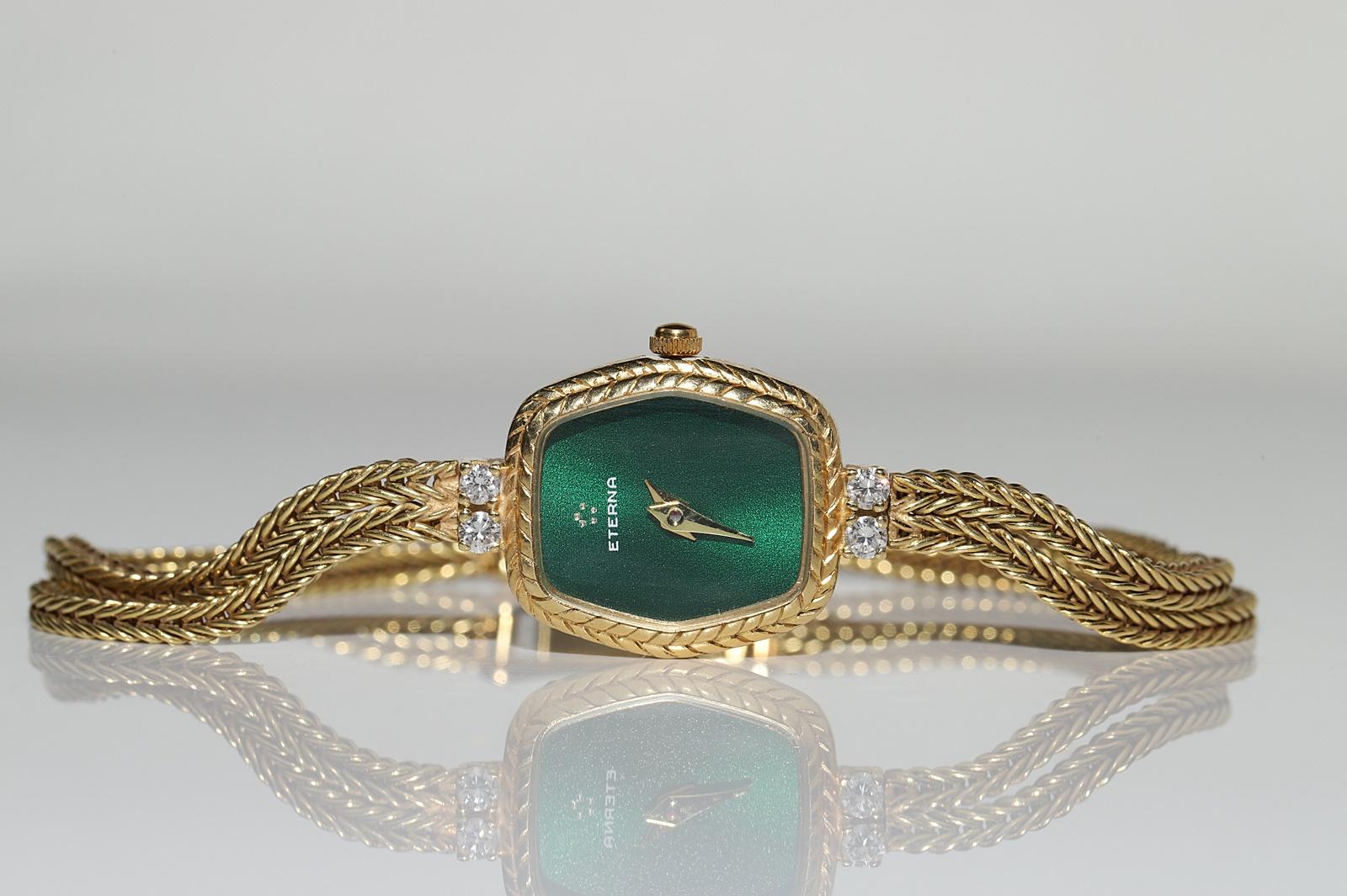 Retro Vintage Circa 1980s 18k Gold Natural Diamond  Eterna Brand Wrist Watches For Sale