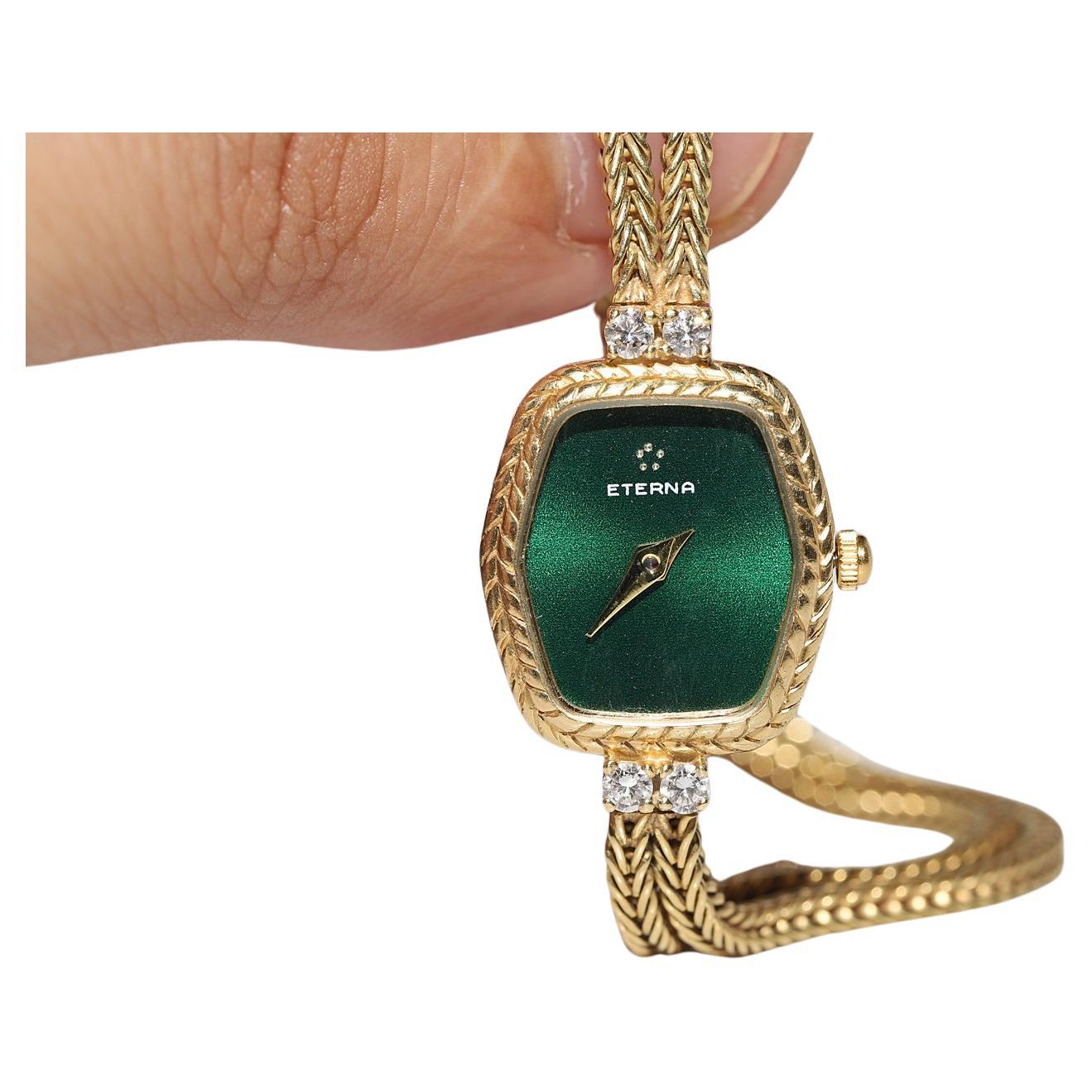 Vintage Circa 1980s 18k Gold Natural Diamond  Eterna Brand Wrist Watches For Sale