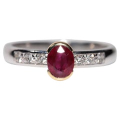 Bague vintage des années 1980, en or 18 carats, diamant naturel taille ovale et rubis décoré