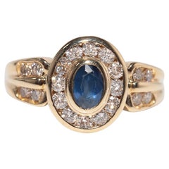 Anello decorato con diamante naturale e zaffiro taglio ovale in oro 18k, vintage, circa anni 
80