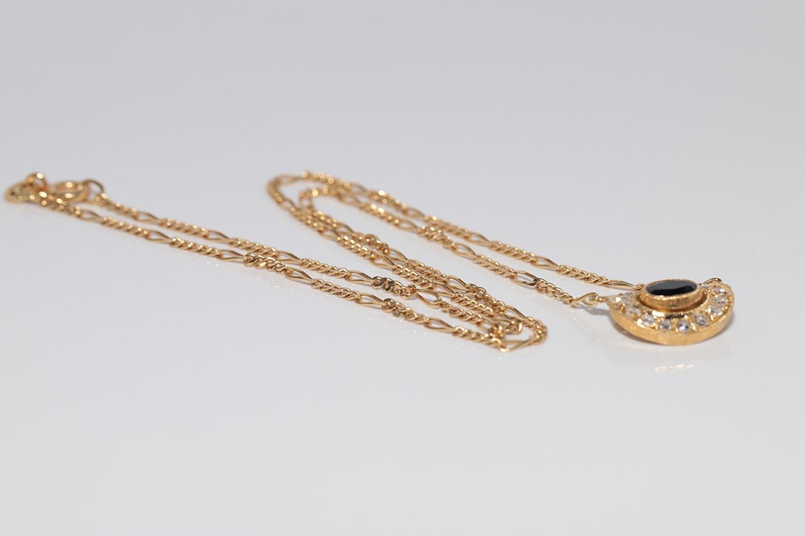 Vintage Circa 1980s 18k Gold Natural Diamond Oval Cut Sapphire Pendant Necklace For Sale 9