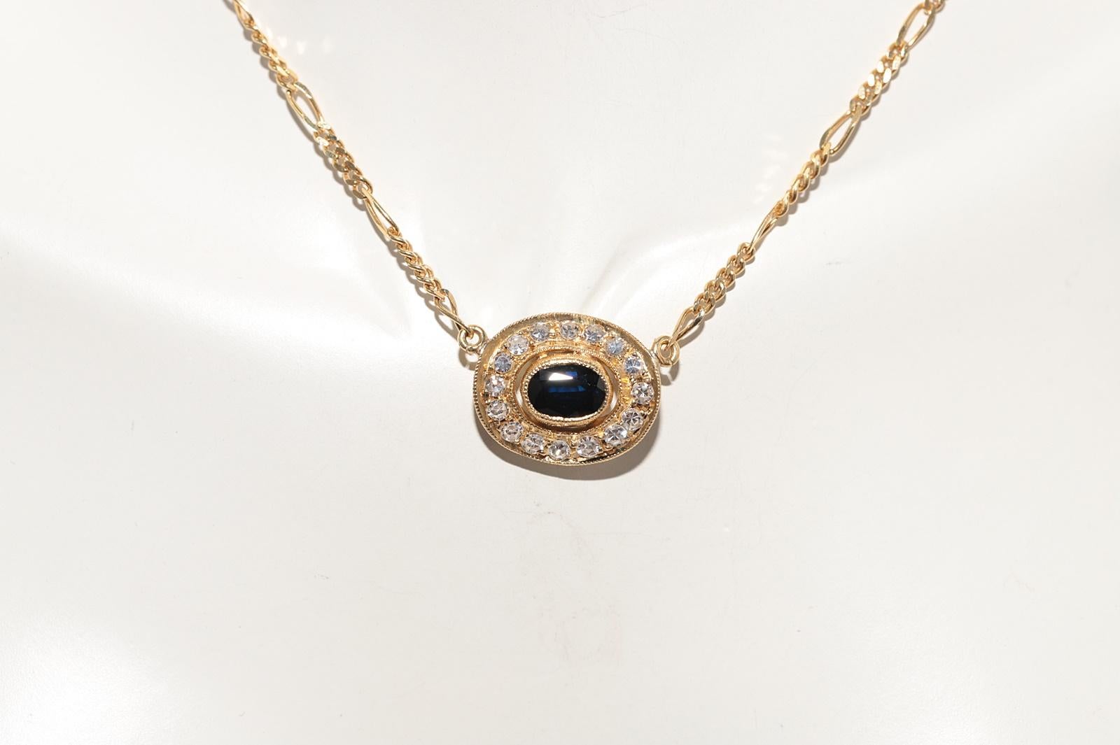 Single Cut Vintage Circa 1980s 18k Gold Natural Diamond Oval Cut Sapphire Pendant Necklace For Sale