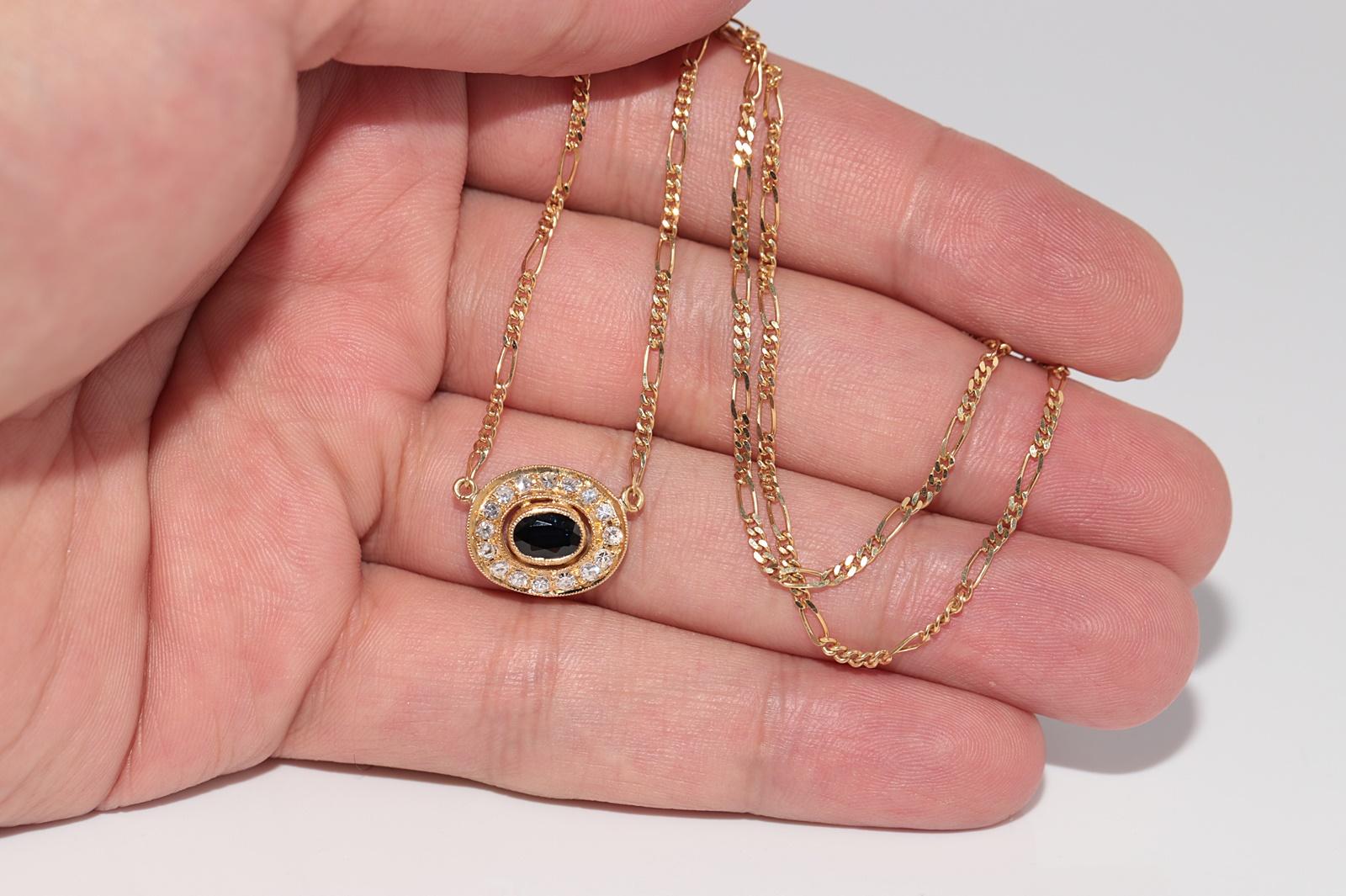 Vintage Circa 1980s 18k Gold Natural Diamond Oval Cut Sapphire Pendant Necklace For Sale 1