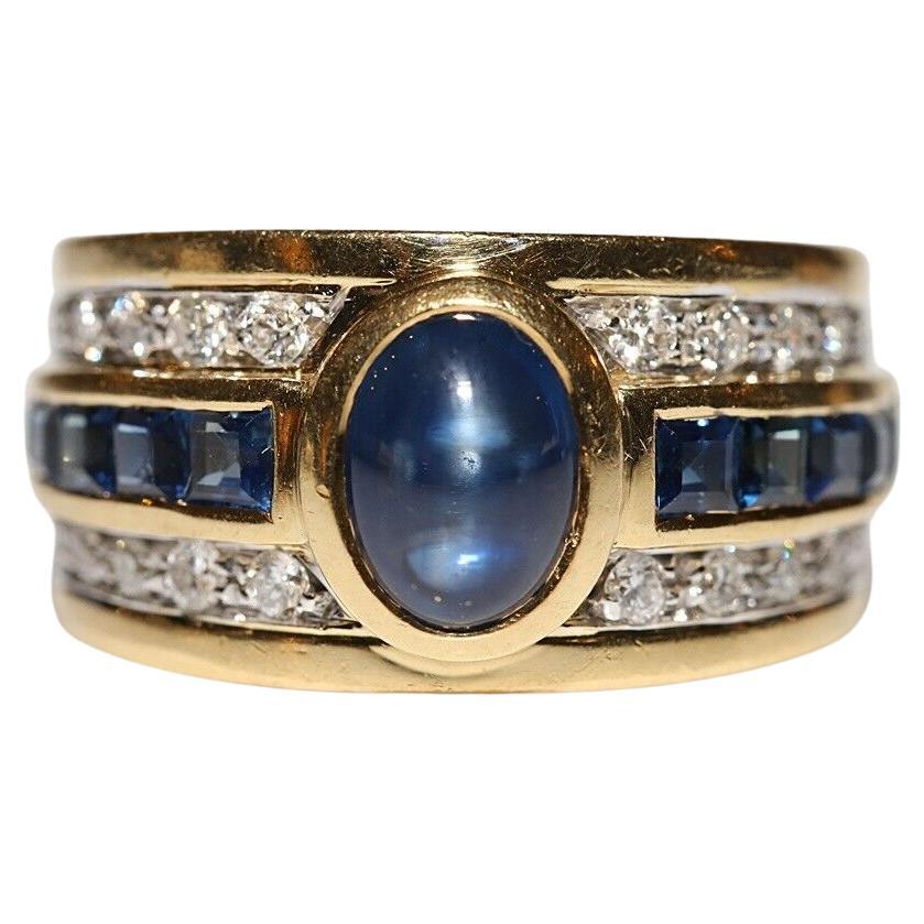 Vintage Circa 1980s 18k Gold Natural Diamond Sapphire Decorated Ring For Sale