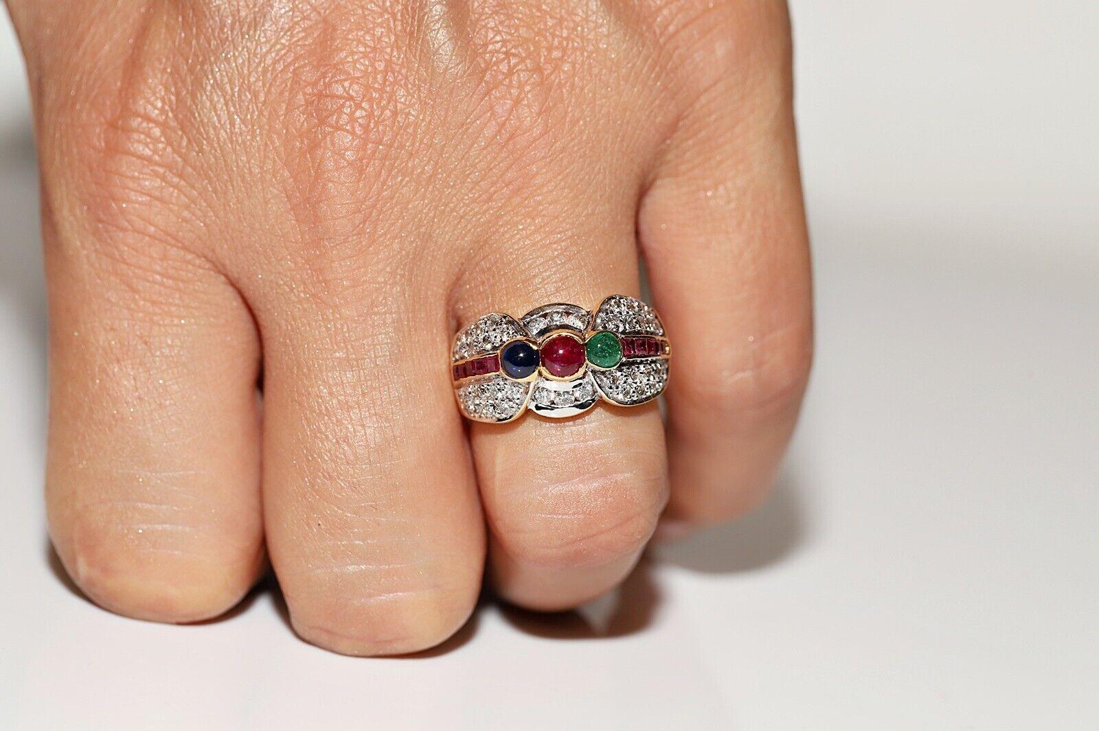 Retro Vintage Circa 1980s 18k Gold Natural Diamond Sapphire Emerald And Ruby Ring  For Sale