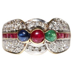 Vintage Circa 1980s 18k Gold Natural Diamond Sapphire Emerald And Ruby Ring 