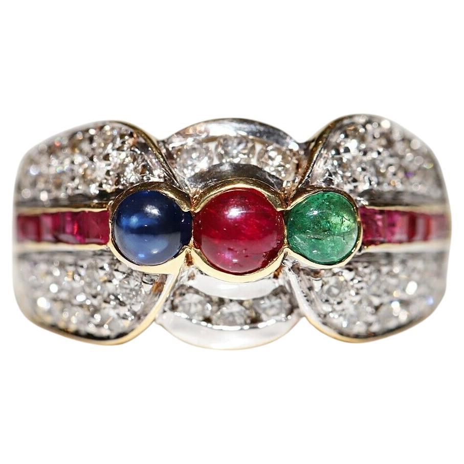 Anello d'oro naturale con diamante, zaffiro, smeraldo e rubino, vintage, anni '80 circa. in vendita