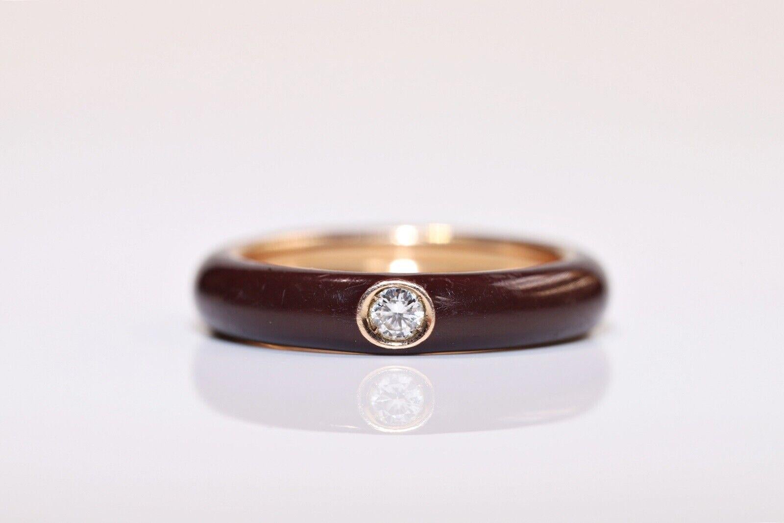 Rétro Vintage Circa 1980 Or 18k Bague Solitaire Diamant Naturel Émail en vente