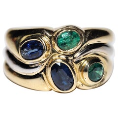 Anello decorato con smeraldo naturale e zaffiro in oro 18k, vintage, circa anni '80