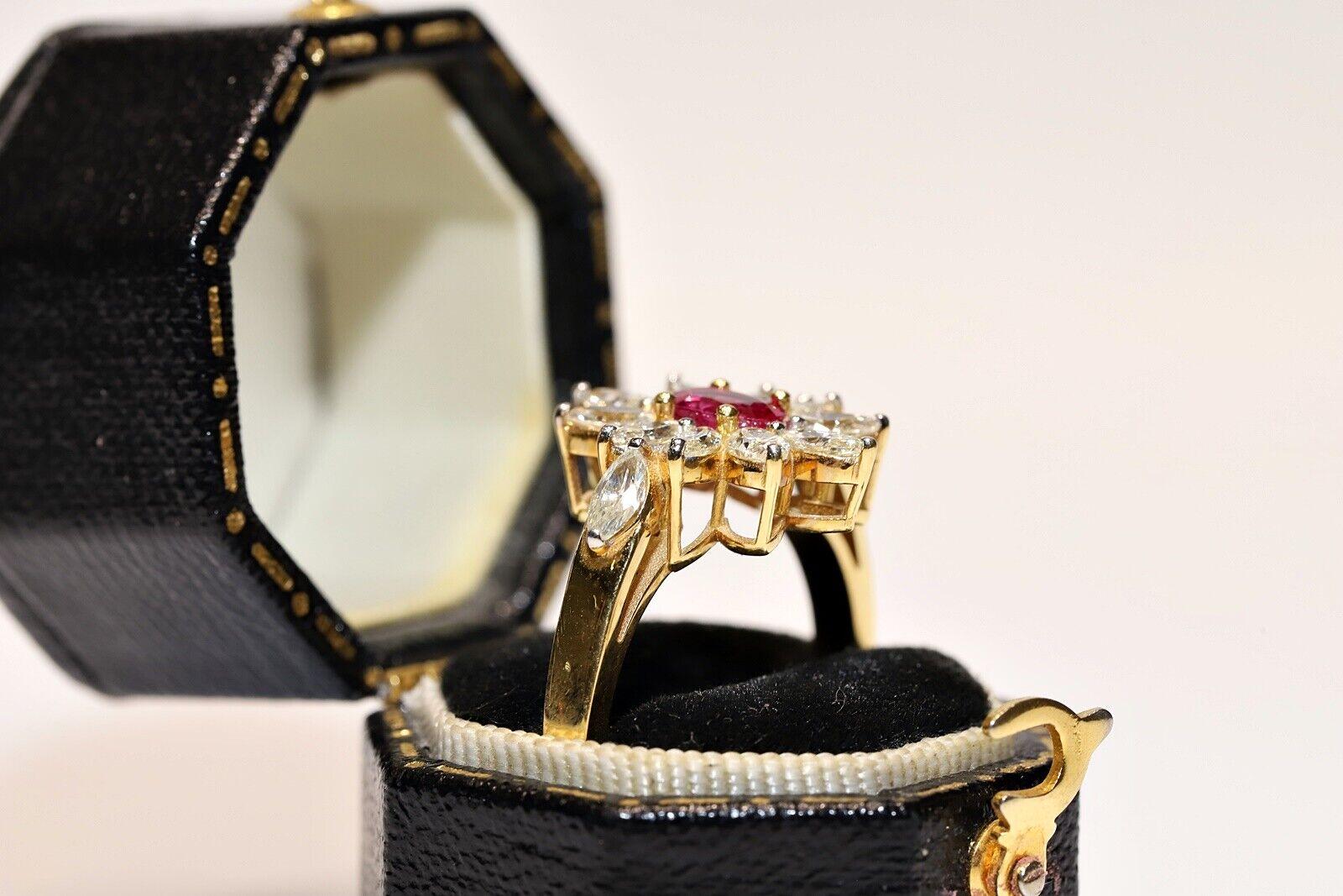 Vintage Circa 1980s 18k Gold Natural Marquise Cut Diamond And Ruby Ring For Sale 7