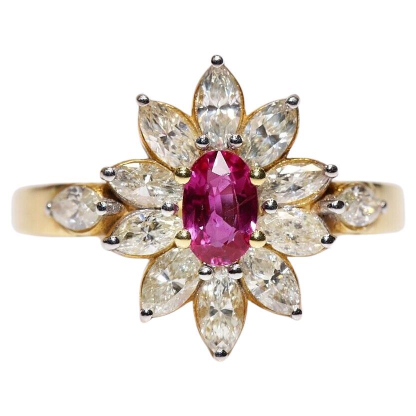 Bague vintage des années 1980 en or 18 carats avec diamants naturels taille marquise et rubis