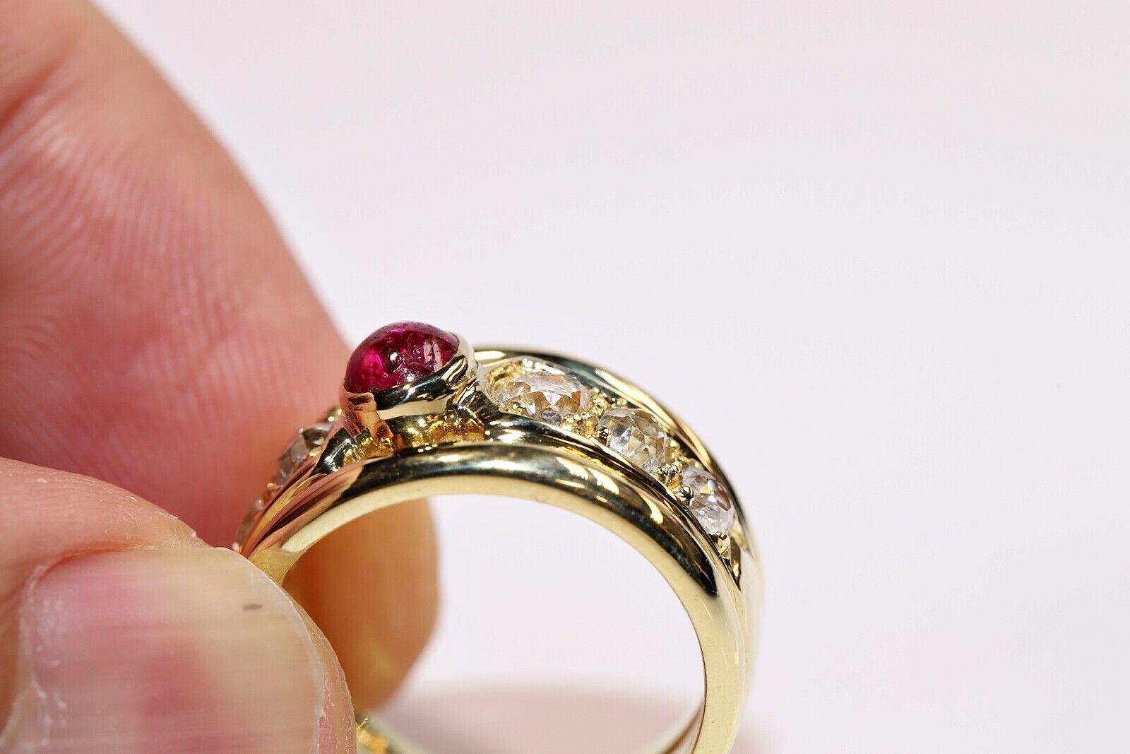 Vintage Circa 1980s 18k Gold Natural Old Cut Diamond And Cabochon Ruby Ring For Sale 4