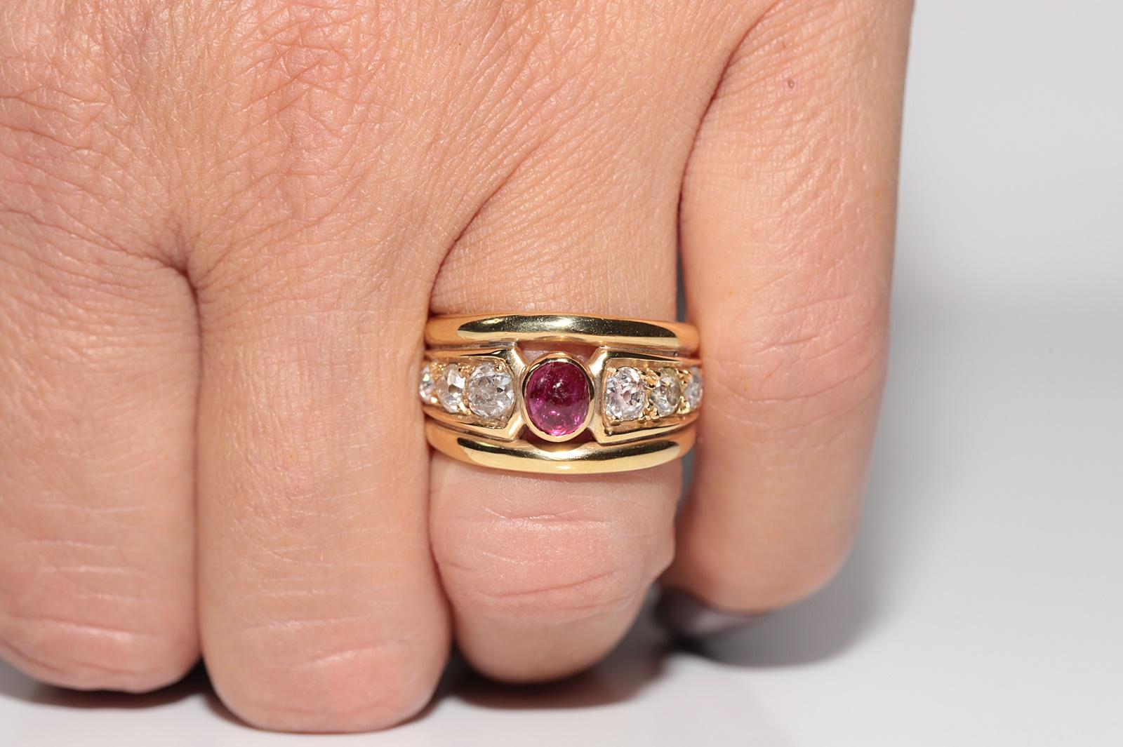 Vintage CIRCA 1980s 18k Gold Natürlicher Altschliff Diamant und Cabochon Rubin Ring im Angebot 4