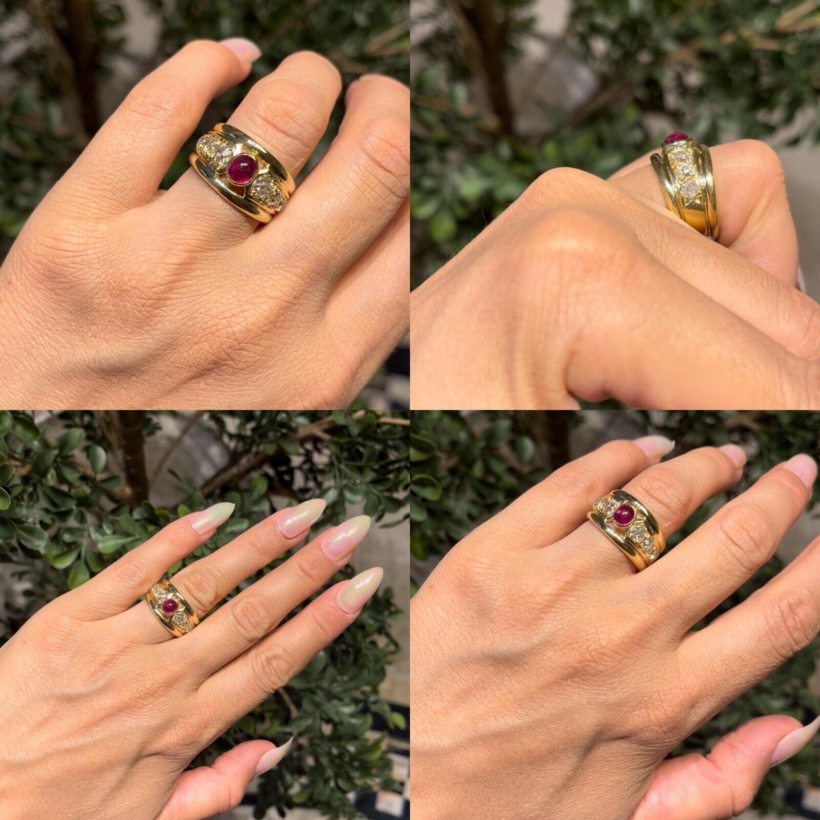 Vintage Circa 1980s 18k Gold Natural Old Cut Diamond And Cabochon Ruby Ring For Sale 5