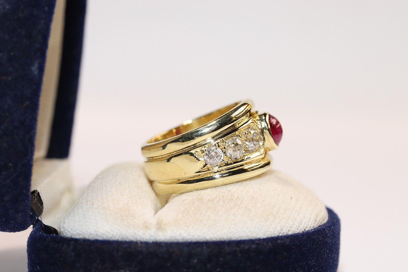 Vintage Circa 1980s 18k Gold Natural Old Cut Diamond And Cabochon Ruby Ring For Sale 7