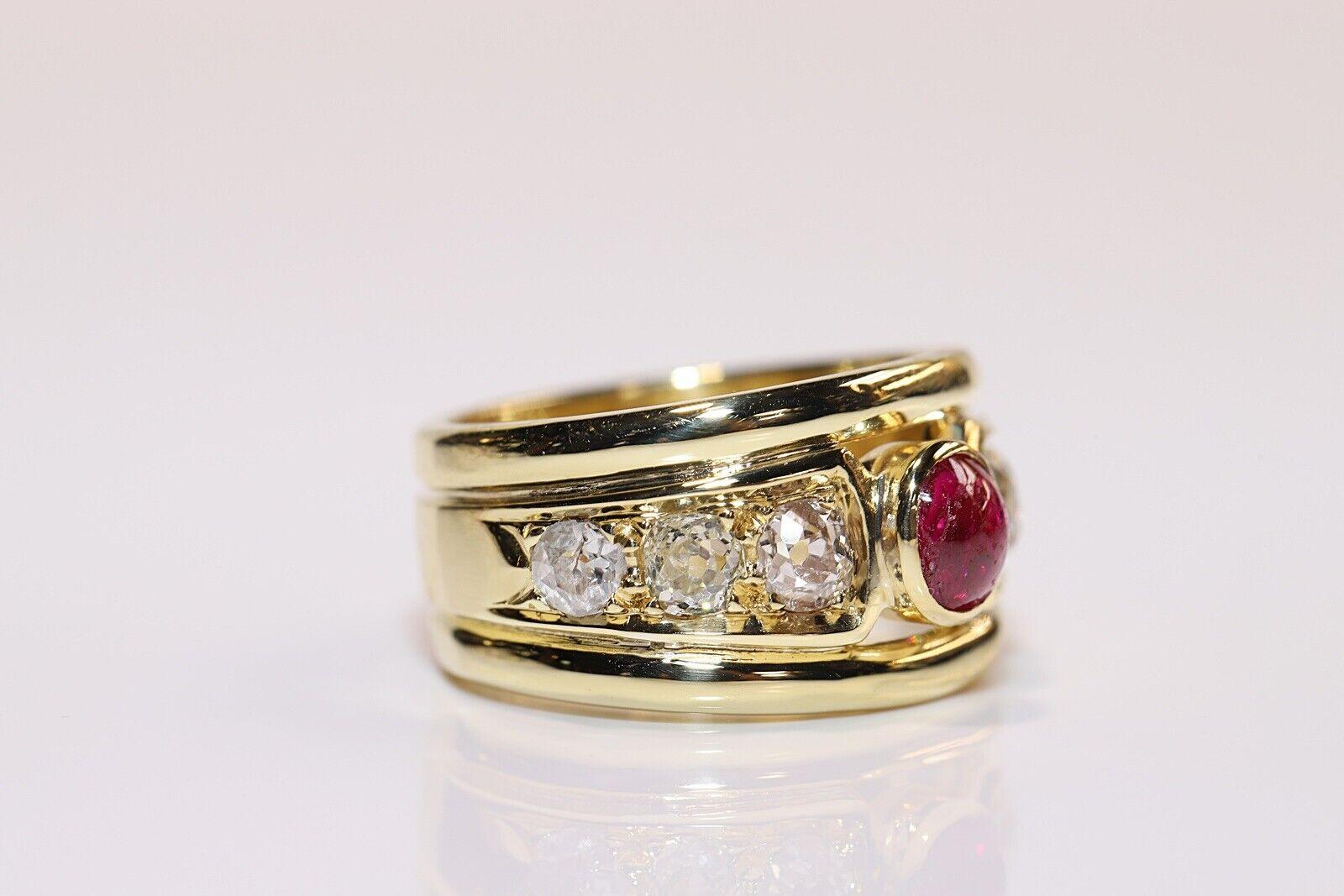 Vintage Circa 1980s 18k Gold Natural Old Cut Diamond And Cabochon Ruby Ring For Sale 2
