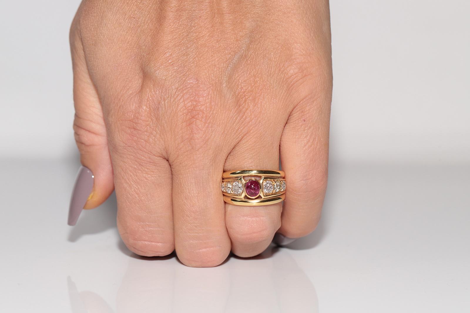 Vintage CIRCA 1980s 18k Gold Natürlicher Altschliff Diamant und Cabochon Rubin Ring im Angebot 3