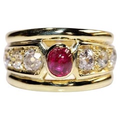 Vintage Circa 1980s 18k Gold Natural Old Cut Diamond And Cabochon Ruby Ring