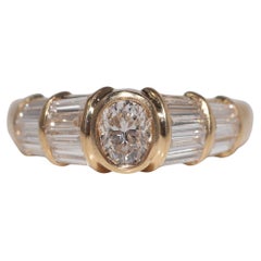 Vintage ByCA années 1980 Bague en or 18k avec diamant naturel de taille ovale et baguette