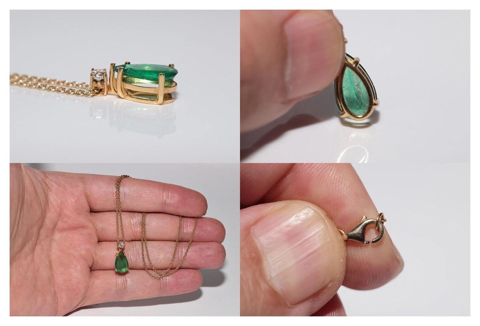 Vintage CIRCA 1980er Jahre 18k Gold natürlichen Birnenschliff Smaragd und Diamant-Halskette im Angebot 2