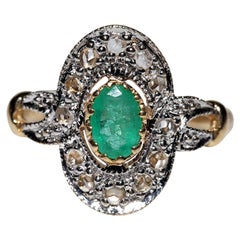 Anillo vintage circa años 80 de oro de 18k con diamante natural talla rosa y esmeralda