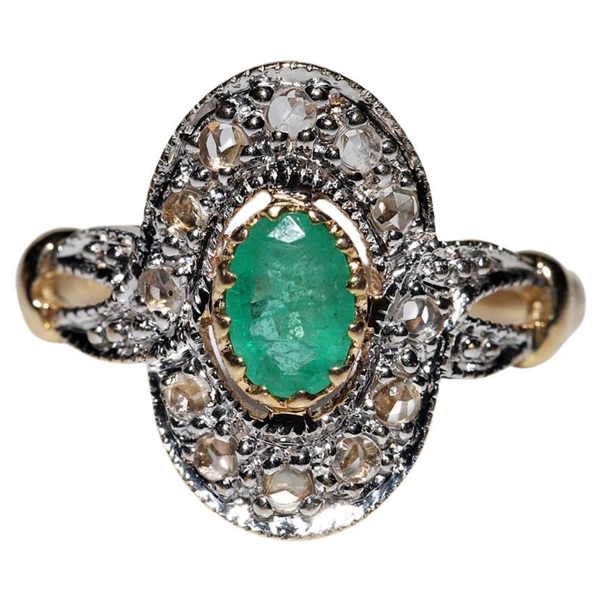 Vintage Circa 1980s 18k Gold Natural Rose Cut Diamond And Emerald Ring 