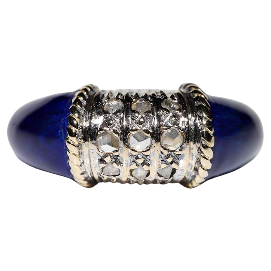 Vintage-Ring aus 18 Karat Gold mit Diamanten im natürlichen Rosenschliff und Emaille, ca. 1980er Jahre