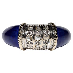 Vintage-Ring aus 18 Karat Gold mit Diamanten im natürlichen Rosenschliff und Emaille, ca. 1980er Jahre