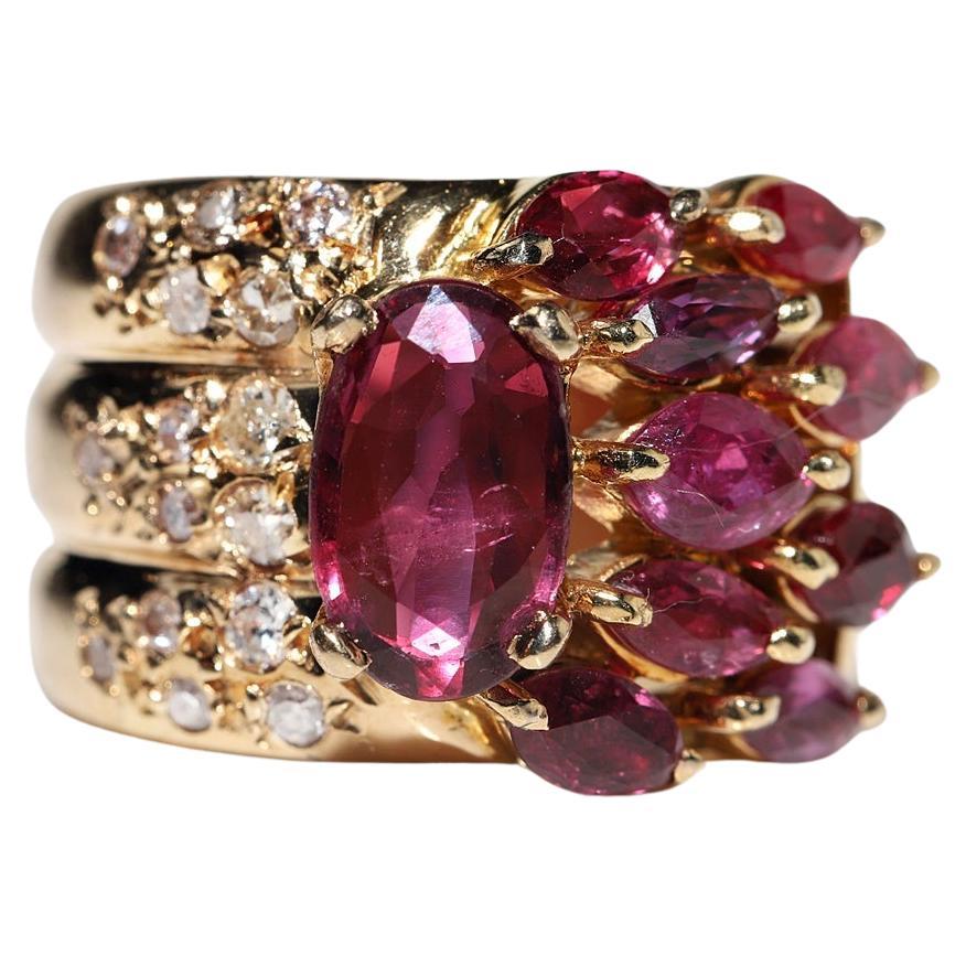 Vintage Circa 1980s 18k Gold Natural Ruby And Diamond Decorated Strong Ring 