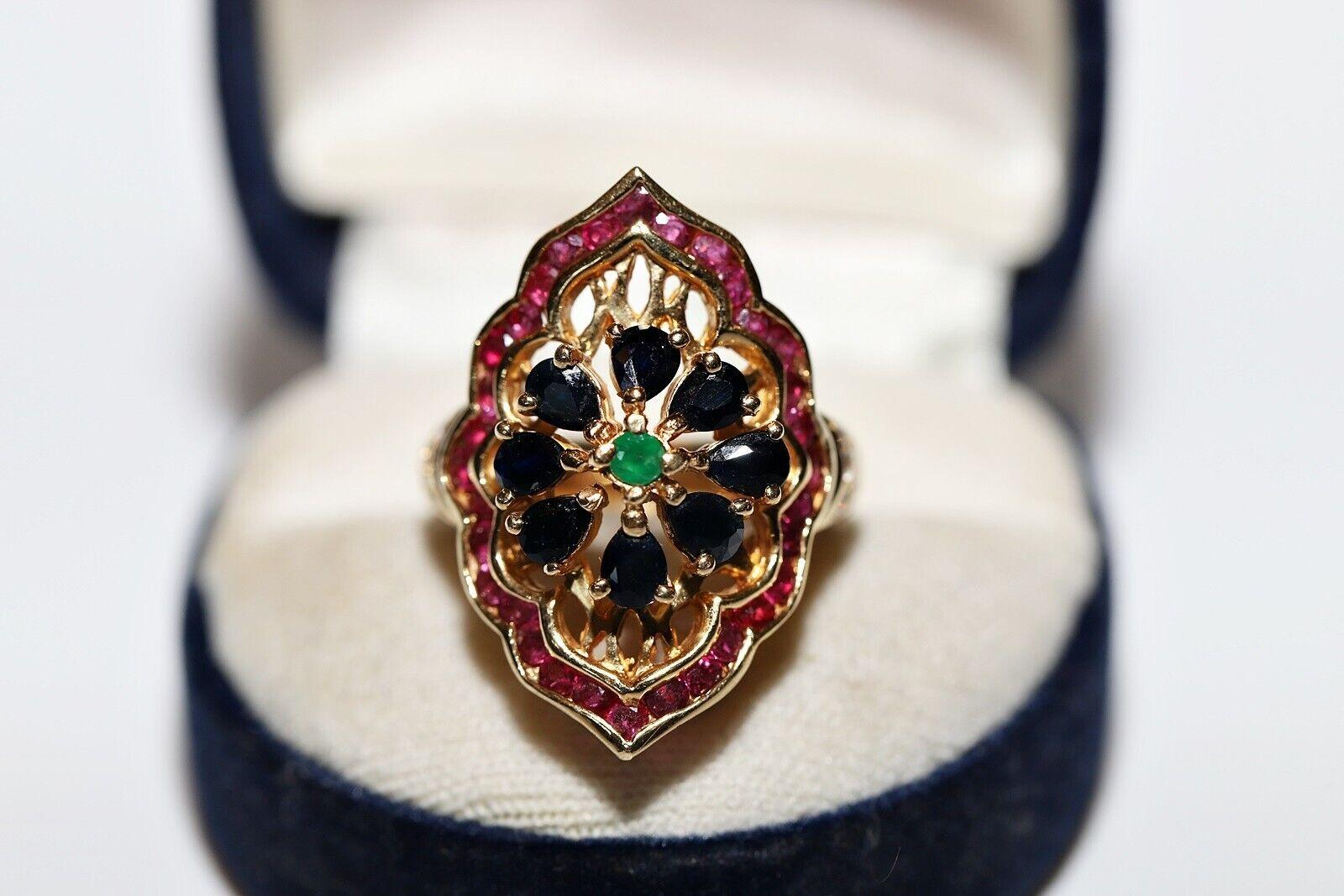In very good condition.
Total weight is 10.3 grams..
Totally is ruby 1.10 carat.
Totally  sapphire 1.10 carat.
Totally is Emerald 0.10 carat .
Ring size is US 7
We can make any size.
Box is not included.
Please contact for any questions.