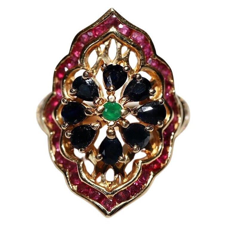 Bague navette vintage des années 1980 en or 18 carats avec rubis naturel, saphirs et émeraudes
