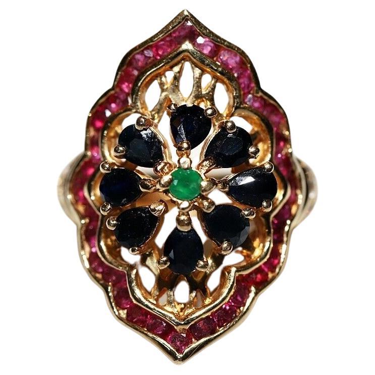 Vintage Circa 1980s 18k Gold Natural Ruby And Sapphire Emerald Navette Ring