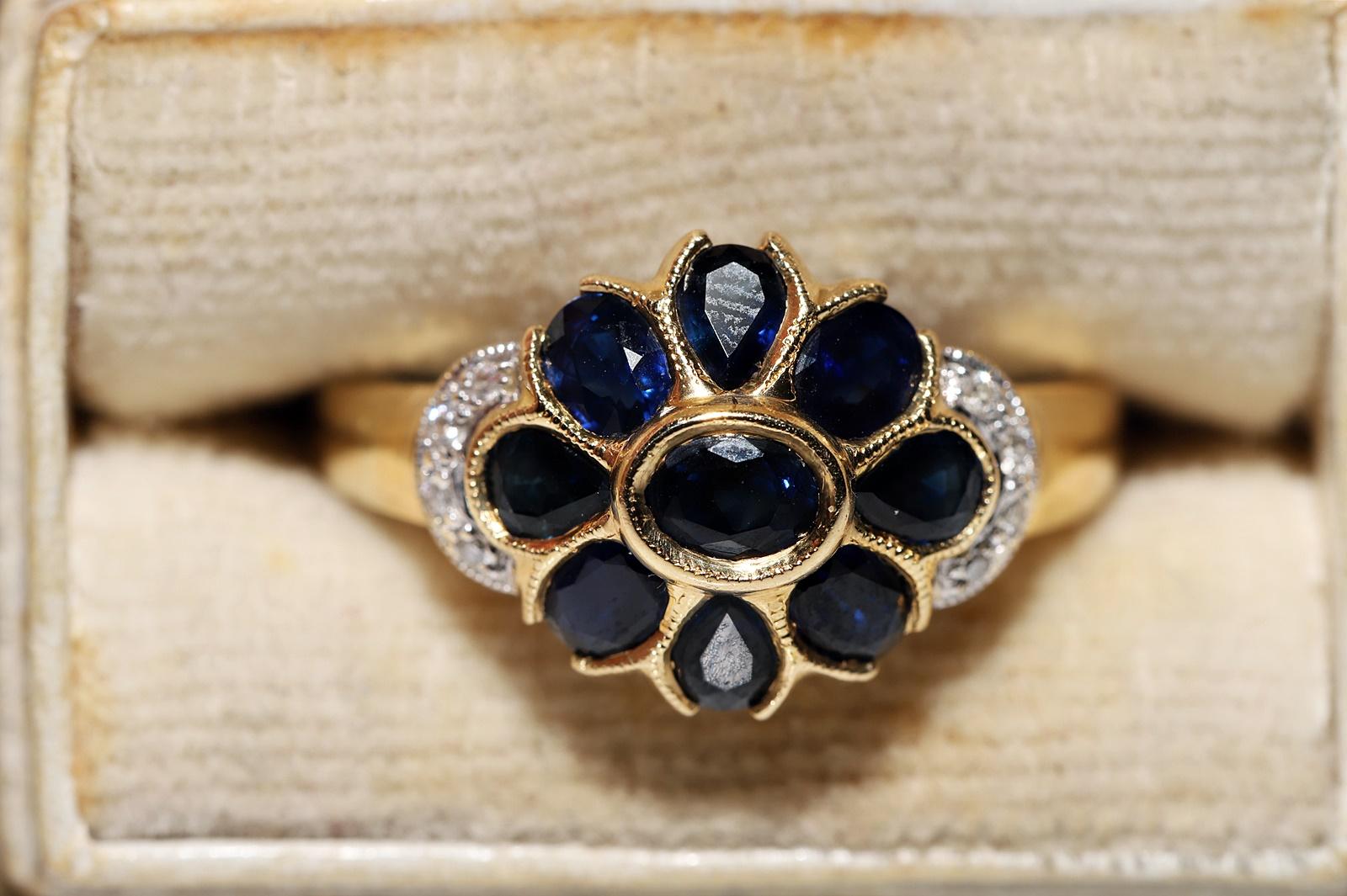 Dekorierter Vintage-Ring aus 18 Karat Gold mit natürlichem Saphir und Diamant, ca. 1980er Jahre Damen im Angebot