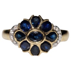 Vintage Circa 1980s 18k Gold Natural Sapphire And Diamond Decorated Ring 