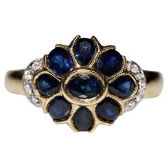 Anello decorato con zaffiri naturali e diamanti in oro 18 carati, vintage, circa anni '80