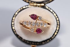 Vintage Circa 1980s 18k Gold Pear Cut Ruby And Natural Diamond Decorated Ring