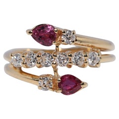 Vintage Circa 1980s 18k Gold Pear Cut Ruby And Natural Diamond Decorated Ring