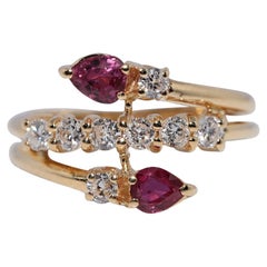 Vintage Circa 1980s 18k Gold Pear Cut Ruby And Natural Diamond Decorated Ring