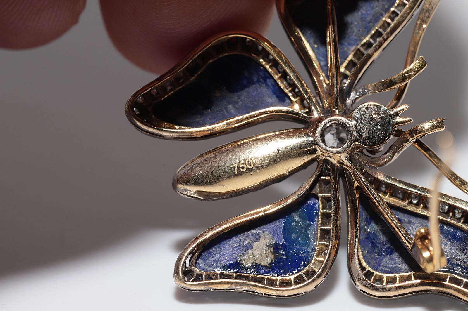 Vintage Circa 1980s 18k Gold Top Silver Lapis Natural Diamond Butterfly Brooch For Sale 4
