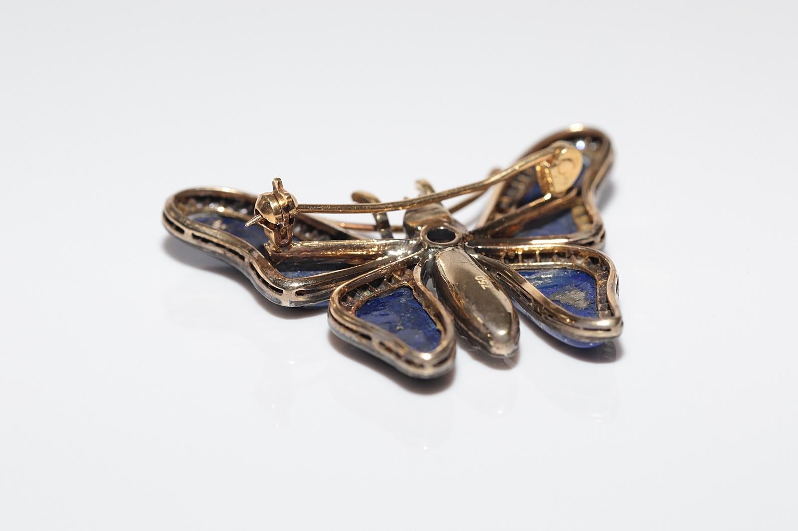 Vintage Circa 1980s 18k Gold Top Silver Lapis Natural Diamond Butterfly Brooch For Sale 5