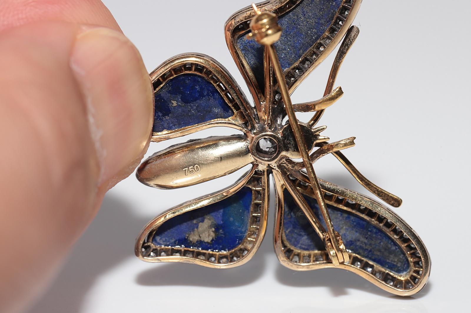 Vintage Circa 1980s 18k Gold Top Silver Lapis Natural Diamond Butterfly Brooch For Sale 7