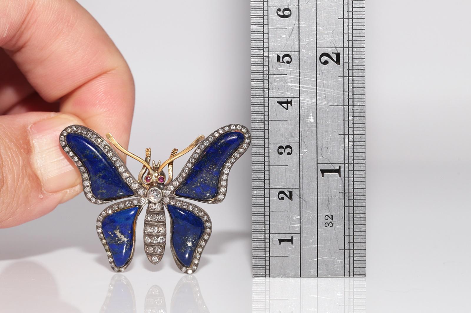 Vintage Circa 1980s 18k Gold Top Silver Lapis Natural Diamond Butterfly Brooch For Sale 11