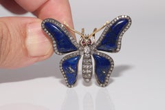 Vintage Circa 1980s 18k Gold Top Silver Lapis Natural Diamond Butterfly Brooch