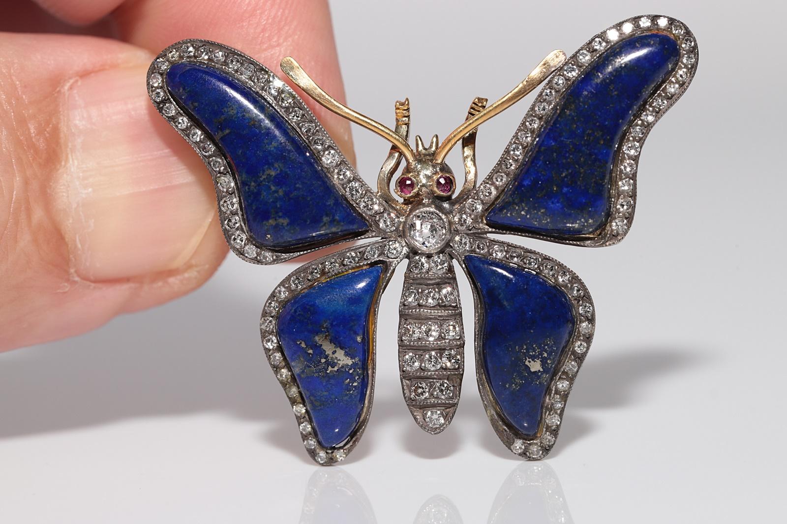 Retro Vintage Circa 1980s 18k Gold Top Silver Lapis Natural Diamond Butterfly Brooch For Sale