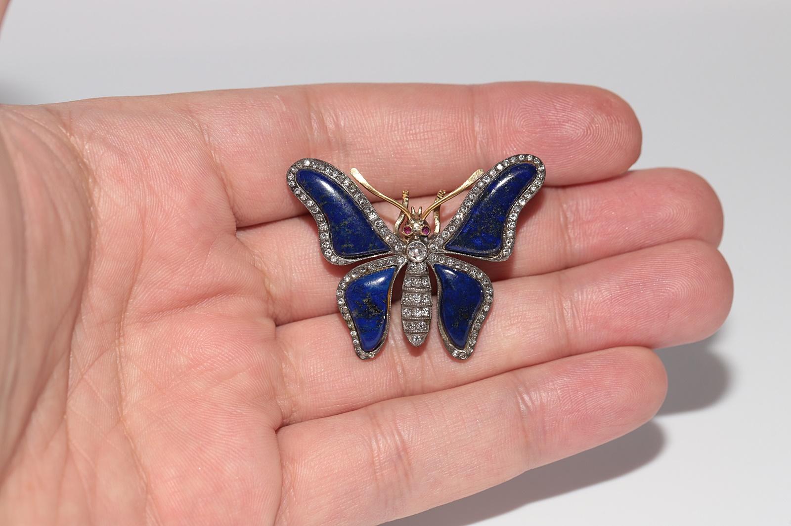 Vintage Circa 1980s 18k Gold Top Silver Lapis Natural Diamond Butterfly Brooch In Good Condition For Sale In Fatih/İstanbul, 34